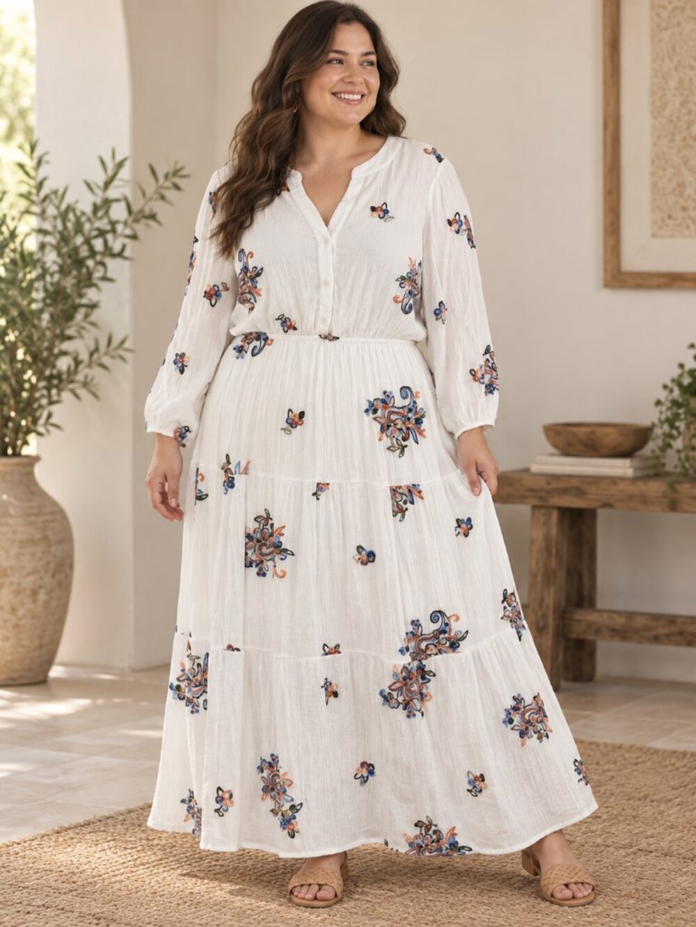 Kindred White Embroidered Floral Maxi Dress Women 2X